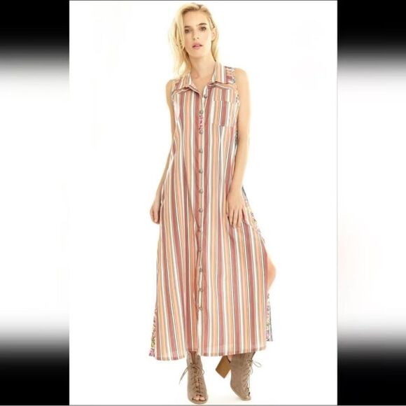 Vintage vertical striped button down midi dress sleeveless collar - Picture 5 of 5